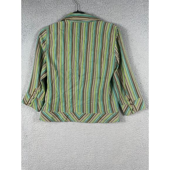 Dana Buchman Women Size 4 Silk Green Brown Blue Striped Button Up - Picture 2 of 12